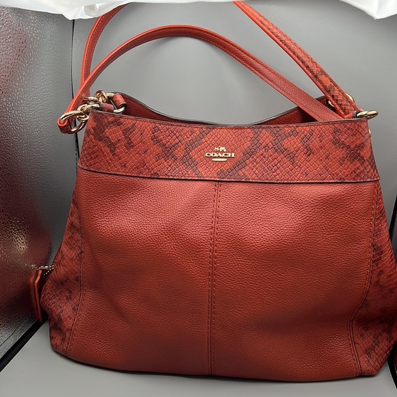 Coach Lexy Orange/Cognac Pebbled Leather Python Embossed Trim Gold Tone Hardware - Picture 4 of 15